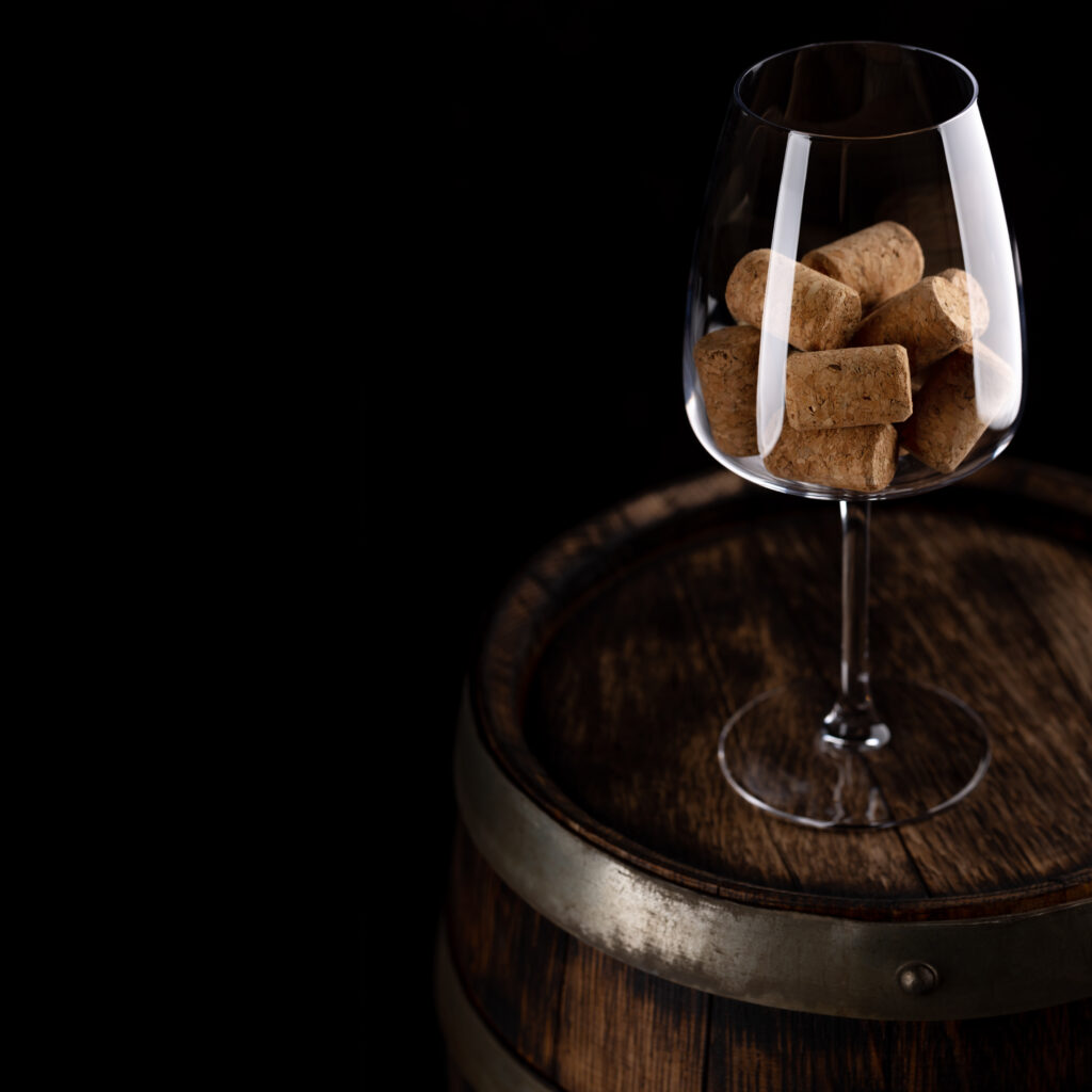 Red wineglass with wine corks on old wine barrel fondo bodega penedes